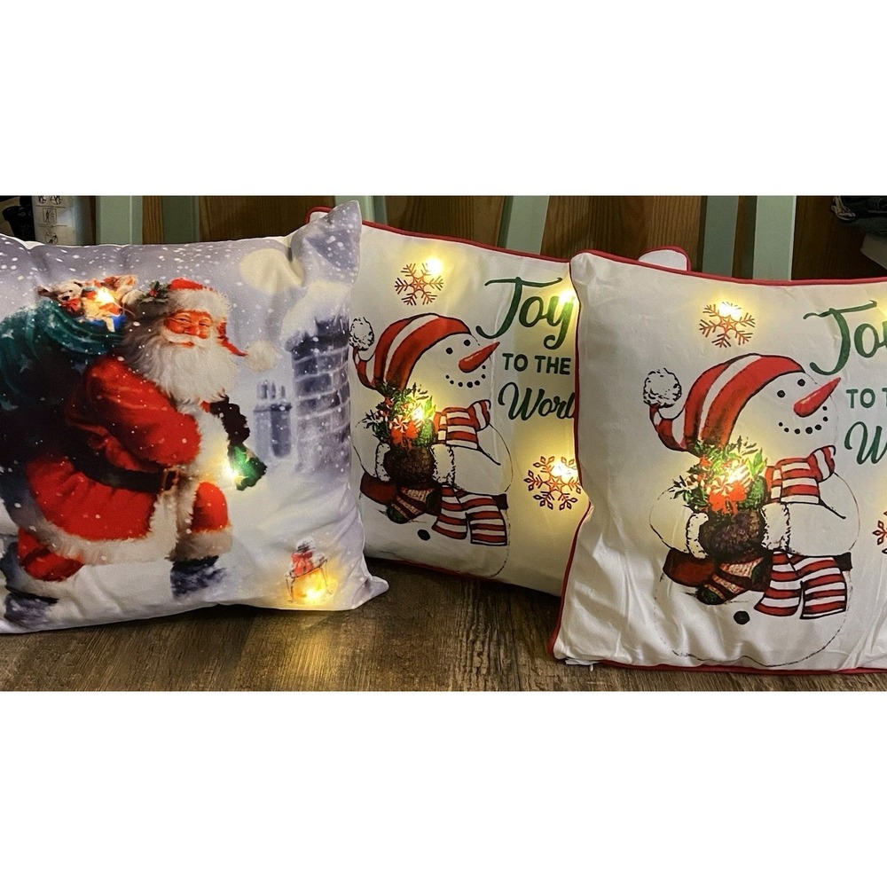 Christmas Throw Pillows Set Of 3 Snowman Santa‎ Light Up EUC